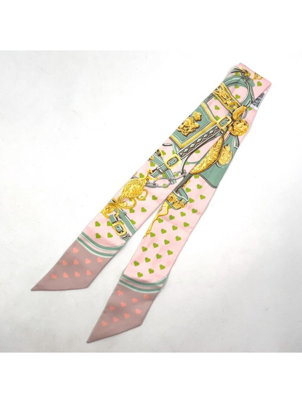 Hermes Heart Pattern Horse Tackle Belt Motif Twilly Silk Pink Scarf